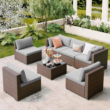 7 Pieces Outdoor Patio Furniture Set, PE Rattan Outdoor Wicker Sectional Furniture Sofa Set, with Cushions and Glass
