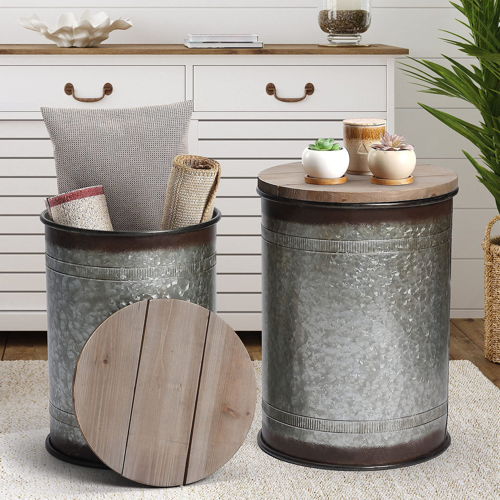 Rustic Storage Ottoman Seat Stool, Farmhouse Accent Side Table, Antique Galvanized Metal End Table Box Bin with Round