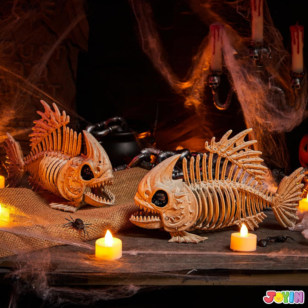 9.5 Halloween Posable Fish Skeleton Decor, Animal Plastic Bones with Posable Joints Outdoor Halloween - Set of 2