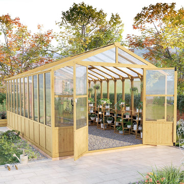 10 x 18-Ft Wooden Greenhouse | Walk-In Cedar Frame, Lockable Door, 2 Adjustable Roof Vents, Polycarbonate Panels, for
