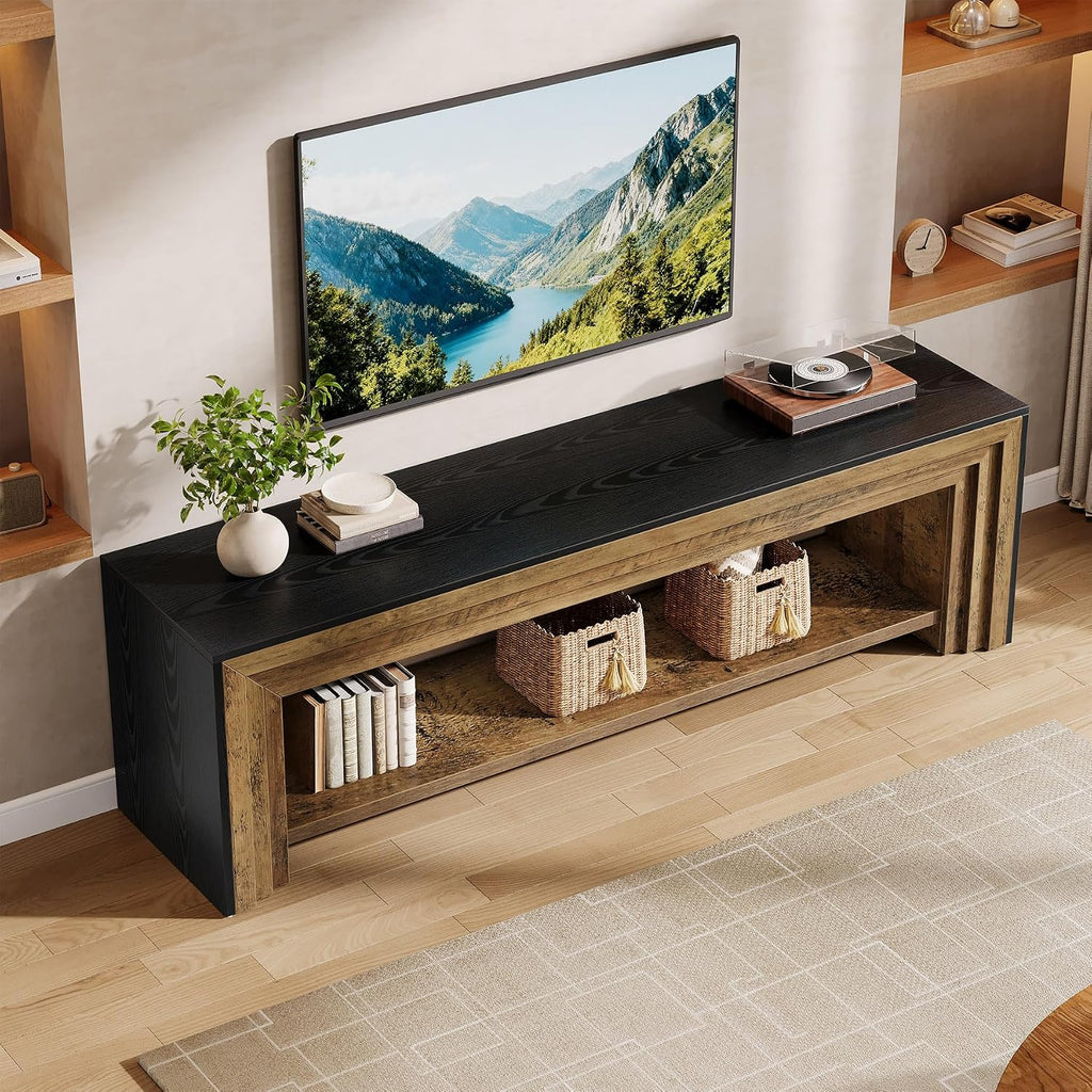 70" Long TV Stand for 75-Inch TV, Farmhouse Entertainment Center | Low Media Console Wooden Television Stand for Living Room, Bedroom Open Storage Shelves, Two-Tone Design Rustic Brown & Black