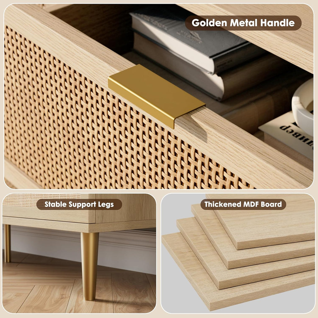Rattan 5 Drawer Dressers , Tall Dresser with Deep Drawers, Large Chest of Drawers for Closet with Wide Top, Long
