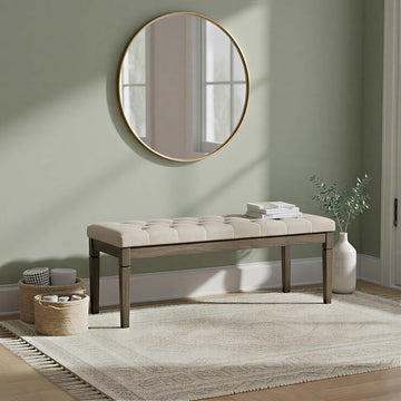 Waverly Tufted Ottoman Bench - 48 inch Wide Upholstered Linen Look Fabric Rectangle Footstool Ottoman in Wheat Beige