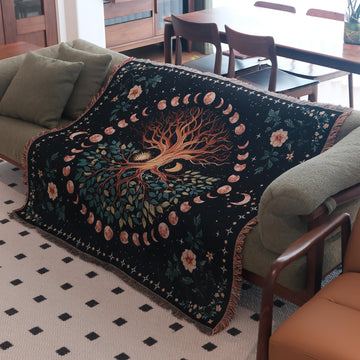Cotton Woven Moon Phase Tree of Life Throw Blanket Whimsical Lunar Eclipse Witchy Boho Throw Blanket for Couch Bed