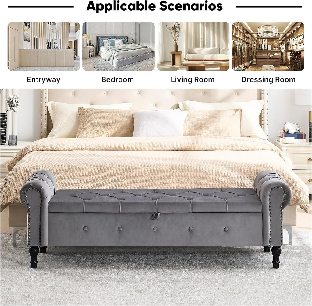 Storage Bench 67" Velvet End of Bed Benches Dark Grey | King Size Storage Bench with Rolled Arms Tufted Ottoman