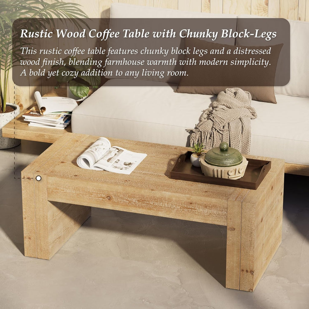 Modern Rustic Wood Coffee Table with Thick Legs, Rectangular Living Room Center Table, Natural Finish Design