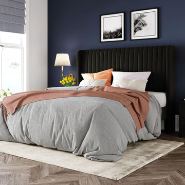 Full Velvet Bed Frame/Vertical Channel Tufted Wingback Headboard/Upholstered Platform Bed/Strong Wooden Slats/No Box
