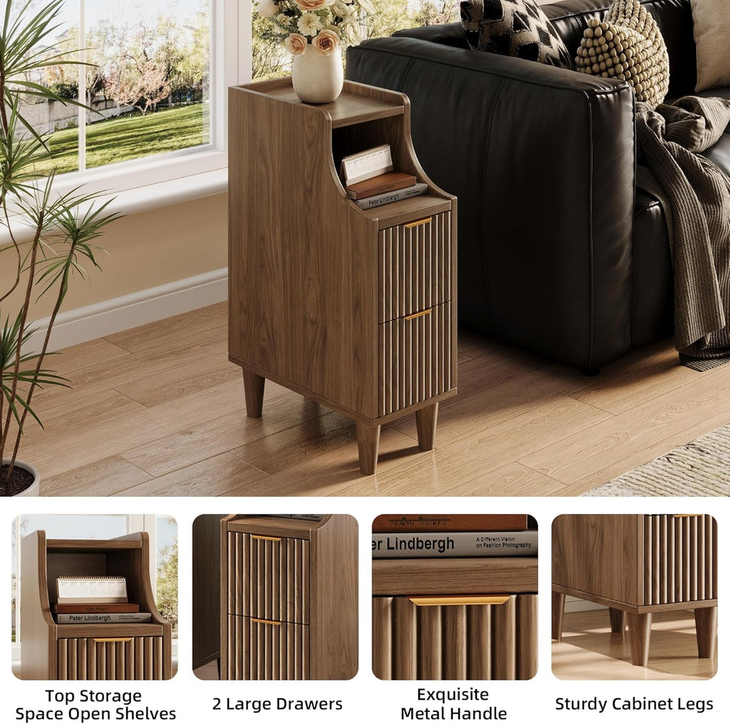Fluted Nightstands Set of 2,Narrow Bedside Table with 2 Drawers & Storage, Farmhouse Walnut End Table Modern Side