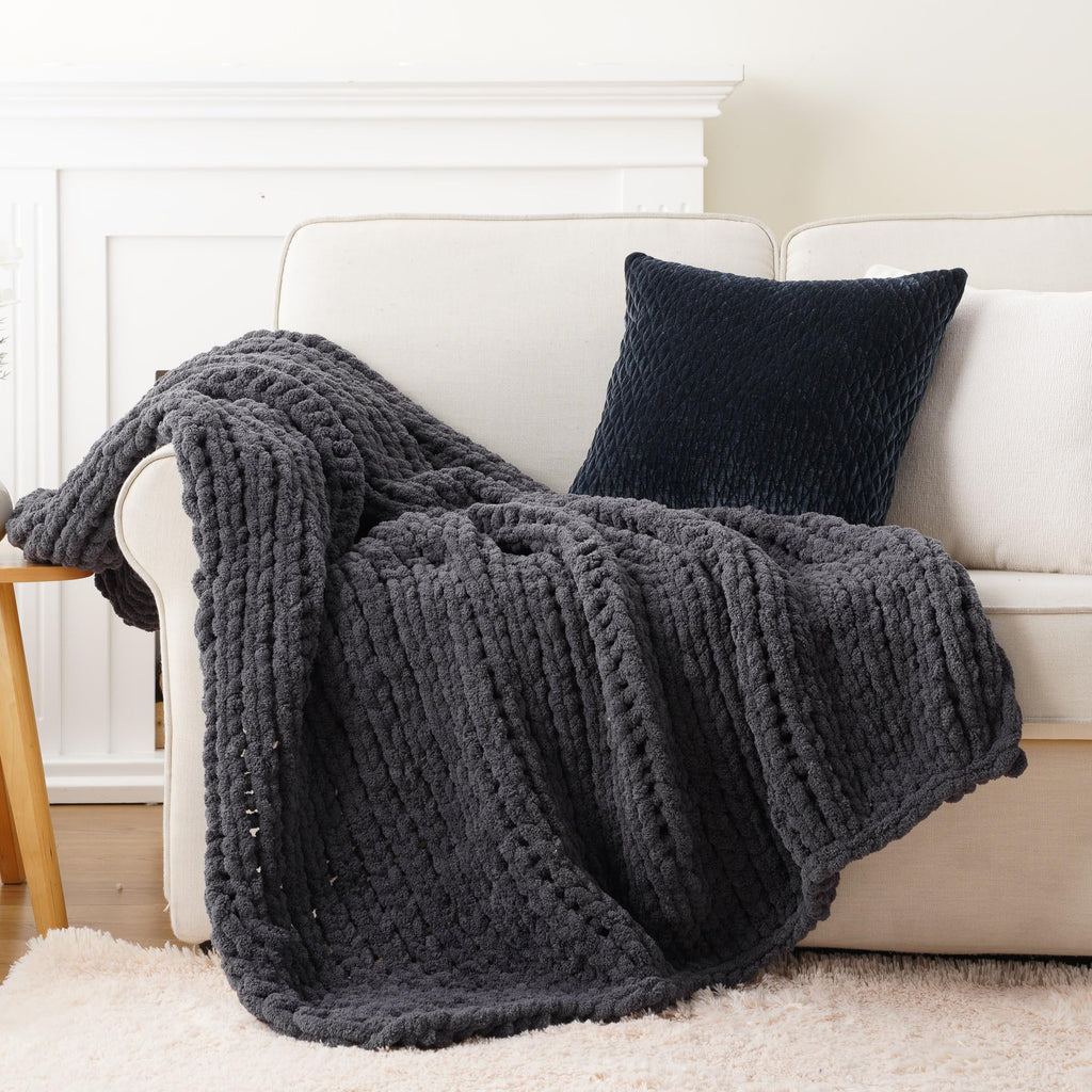 Chunky Knit Throw Blanket, Dark Grey Chenille Throw Blanket 50x60in
