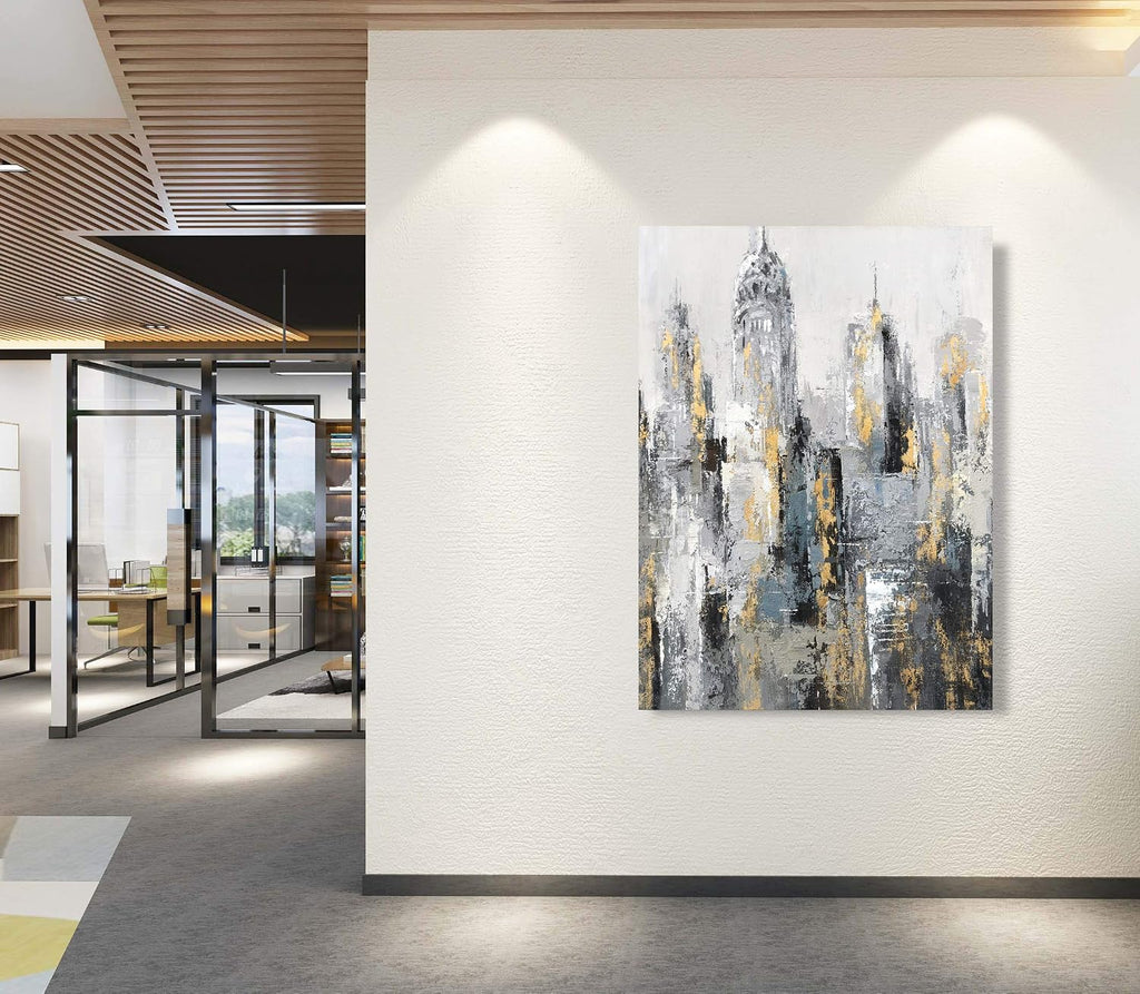 Modern Abstract Cityscape Canvas Wall Art Painting with Gold Foil Hand Painted Building Pictures Decoration