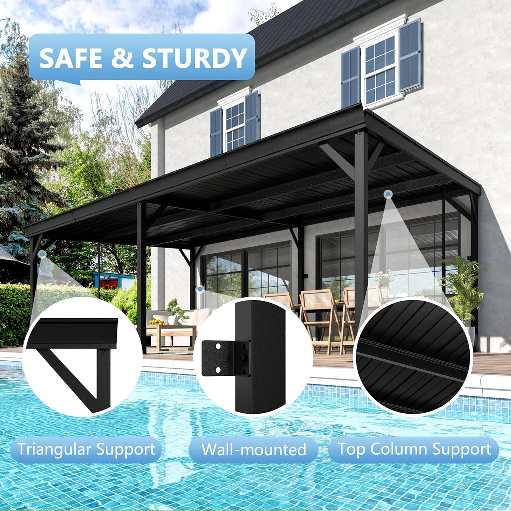 12' x 20' Hardtop Lean-to Gazebo, Wall-Mounted Aluminum Pergola with Adjustable Support Posts – Black