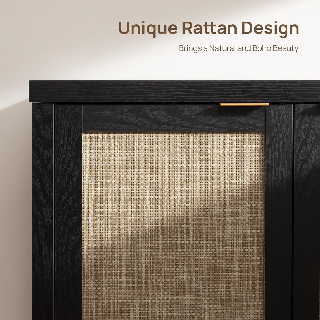 Sideboard Buffet Storage Cabinet - Boho Rattan Credenza Coffee Bar Cabinet with Large Storage