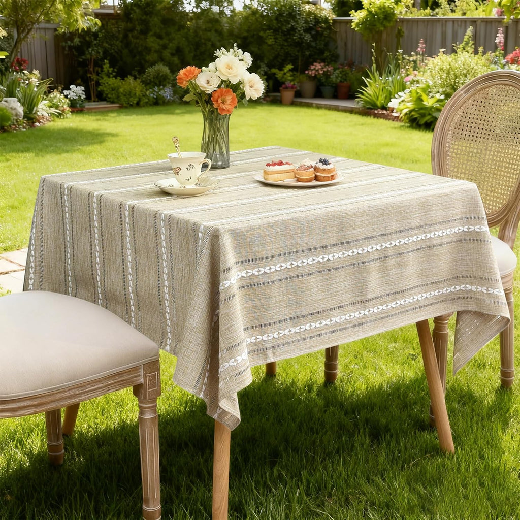 Rustic Farmhouse Embroidered Square Tablecloth Jacquard Striped Table Cloth Linen Texture Washable D