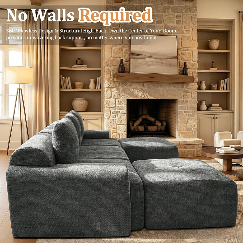 122" L-Shaped Oversized Boneless Couch Modular Cloud Sectional Sofa |Soft Chenille| High Back| Extra Deep Seat| Zero