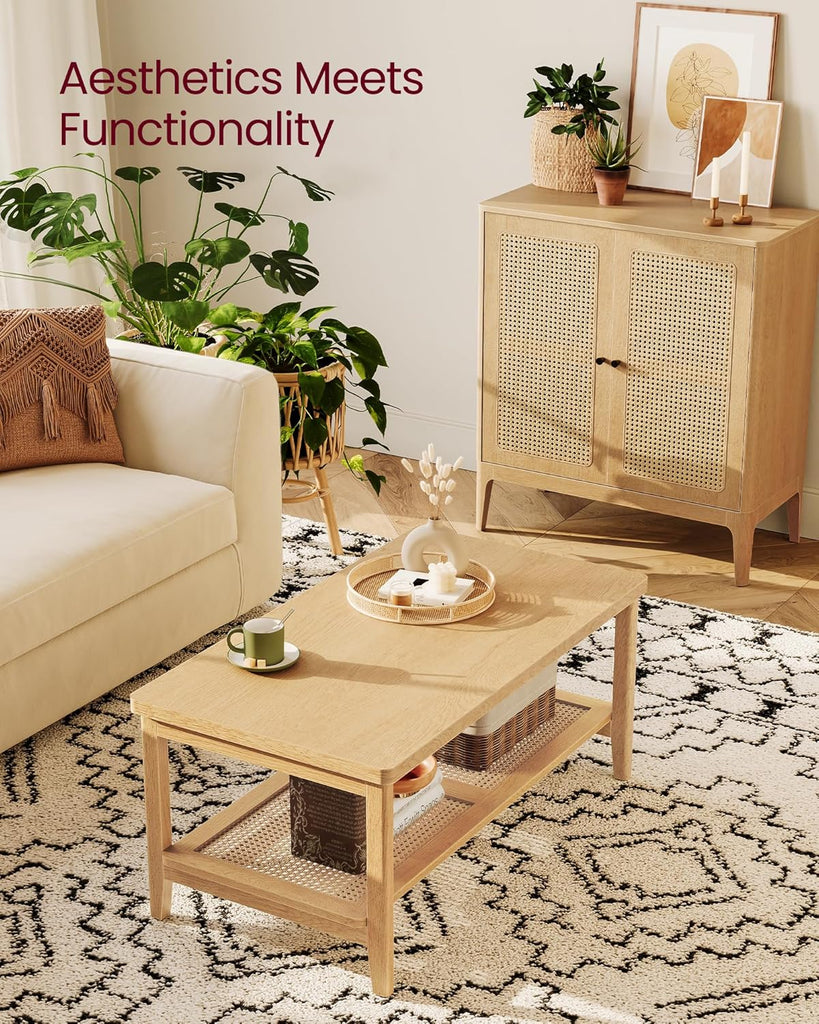 2-Tier Coffee Table, Rectangular Living Room Table, with PVC Rattan Storage Shelf, Rounded Corners, Easy Assembly