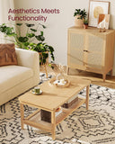 2-Tier Coffee Table, Rectangular Living Room Table, with PVC Rattan Storage Shelf, Rounded Corners, Easy Assembly