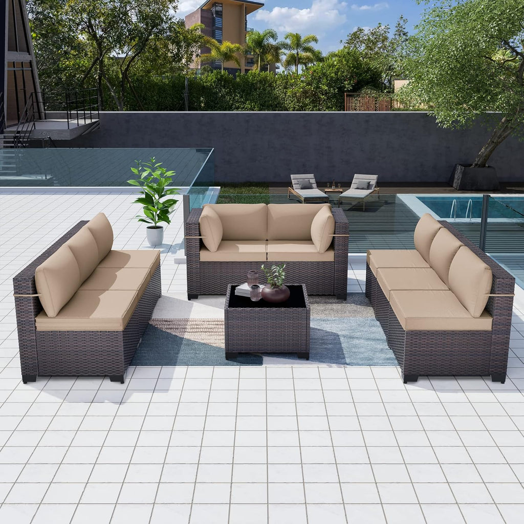 9 Pieces Patio Furniture Set, Rattan Wicker Outdoor Conversation Sets w/4 Inch Cushion and Glass Coffee