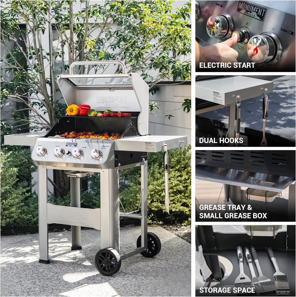 4-Burner Propane Gas Grill, Stainless Steel Outdoor BBQ Grill with Clearview Lid and Foldable Side Shelf for Patio and Garden