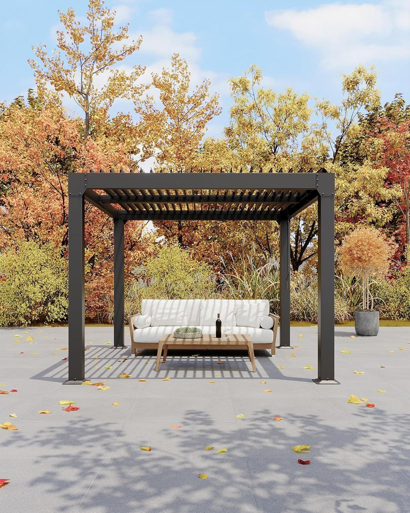 10x10 FT Louvered Pergola, Outdoor Aluminum Pergola with Adjustable Roof & Integrated Drainage System