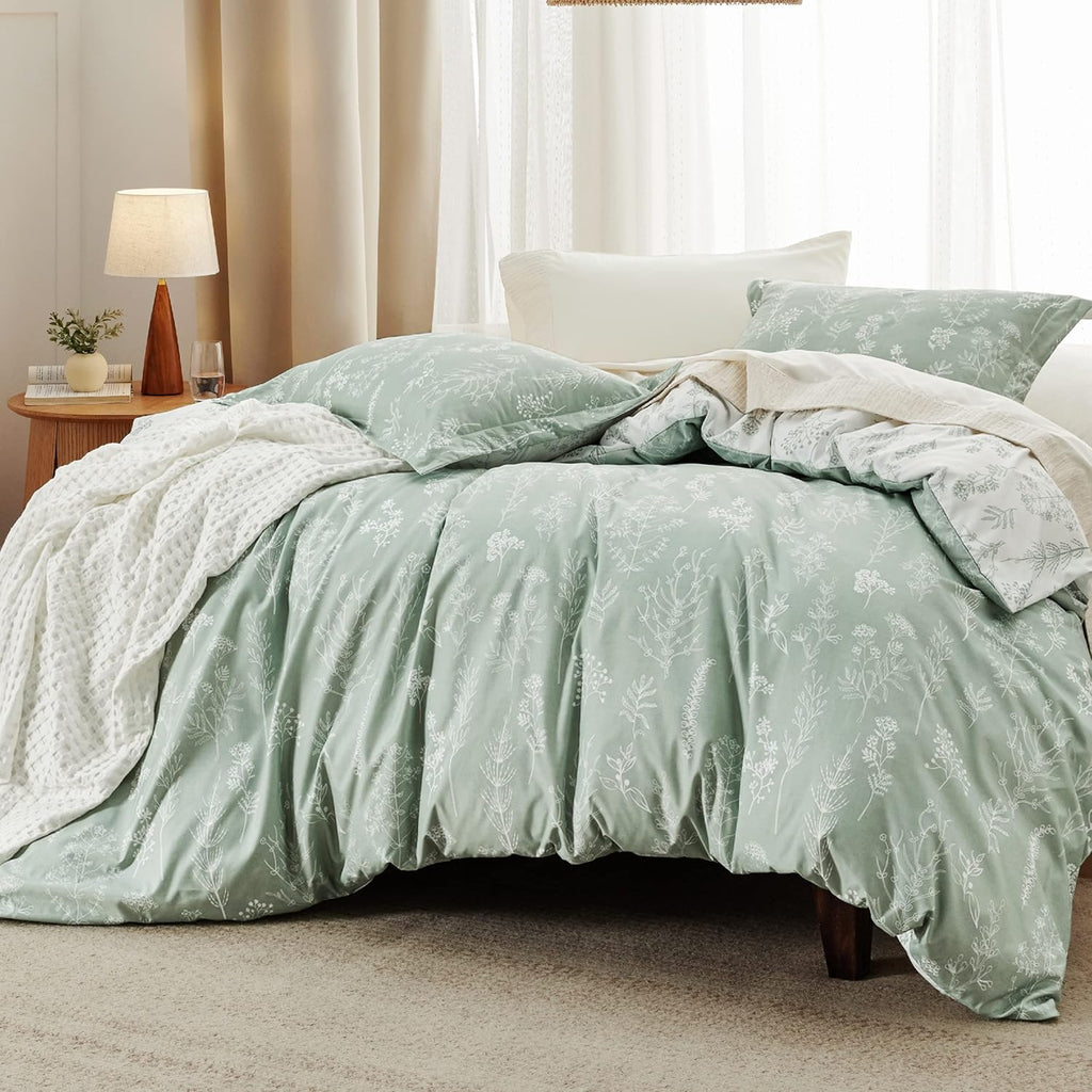 Comforter Set - Sage Green Bed Set, 3 Pieces Cute Floral Bedding