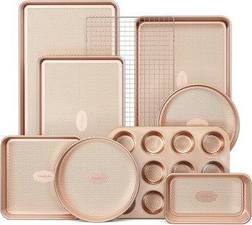 9-Piece Pans Set Nonstick, Stackable Non Toxic Bakeware Sets with Diamond Texture, Oven Pan Set for Cooking, Includes