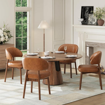 Wooden Dining Chairs Set of 4, Modern Upholstered Dining Room Chair, PU Leather Kitchen Side Chairs with Curved Open