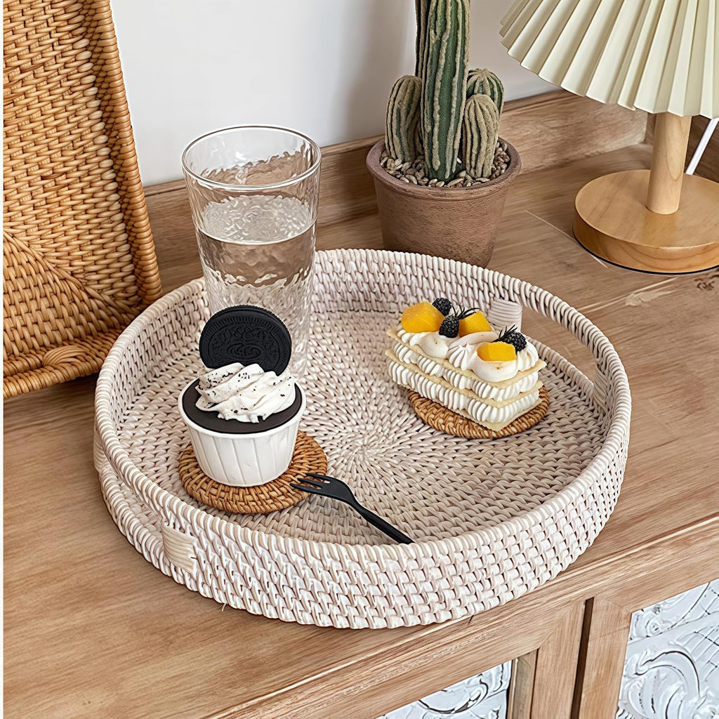 11.8" Round Rattan Tray, Hand Woven Serving Tray with Handles, Wicker Serving Basket, Decorative Tray Decor, Whitewash