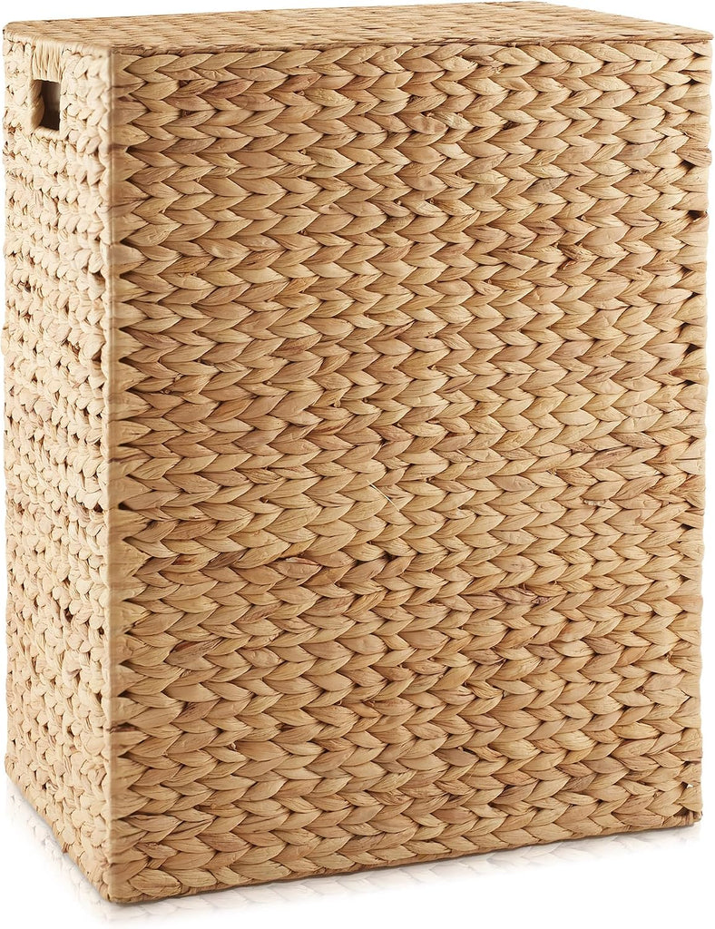 Large Laundry Hamper with Lid and Removable Liner Bag - Natural, Woven Water Hyacinth Rectangular Laundry Basket