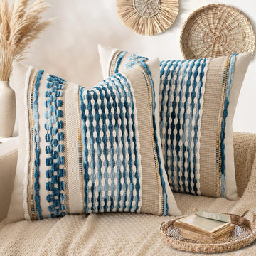Boho Decorative Throw Pillow Covers Sky Blue Stripe 18x18 Pack of 2
