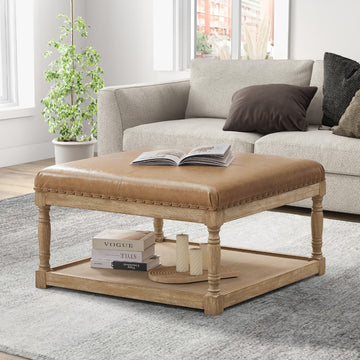 33-Inch Leather Ottoman Coffee Table, Large Ottoman with Shelf & Solid Wood Frame (Light Brown)