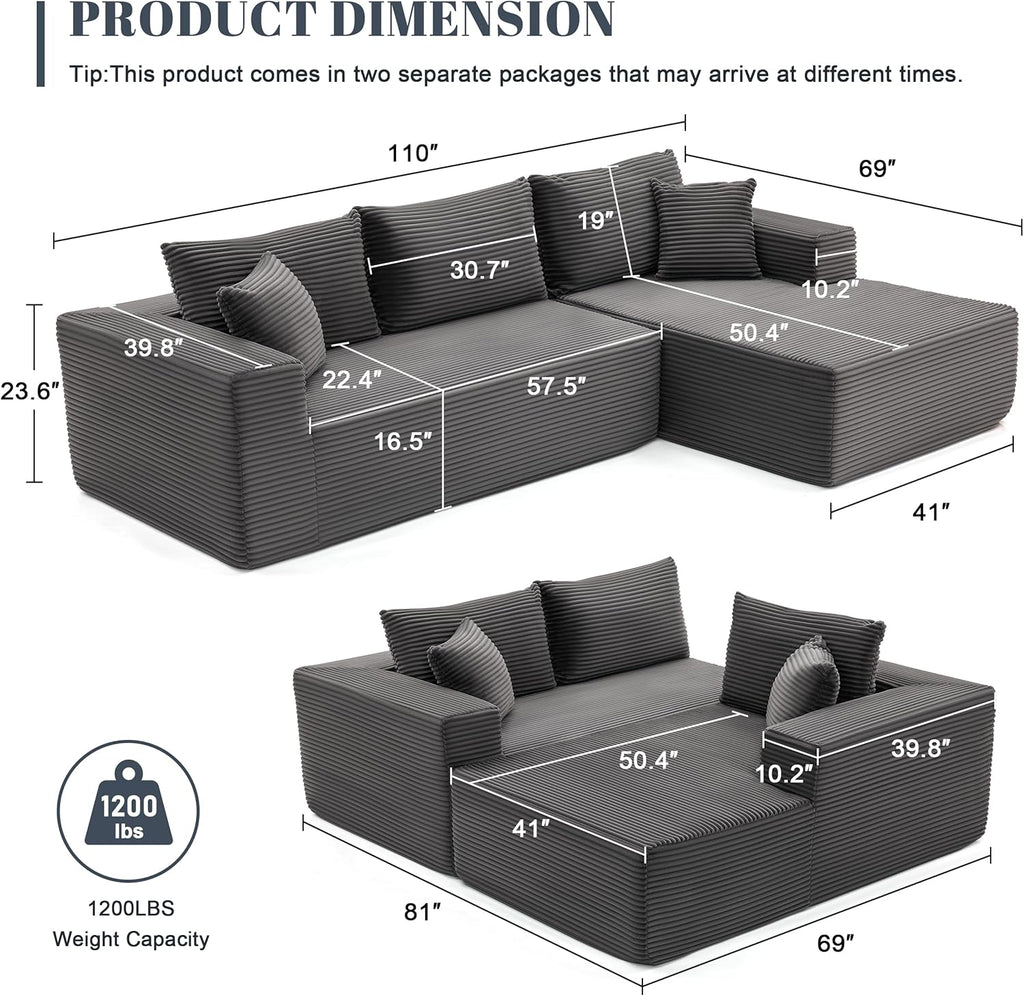110” Cloud Sectional Couch, Boneless Sofa for Living Room, Modular Sectional Sofa with Deep Seat
