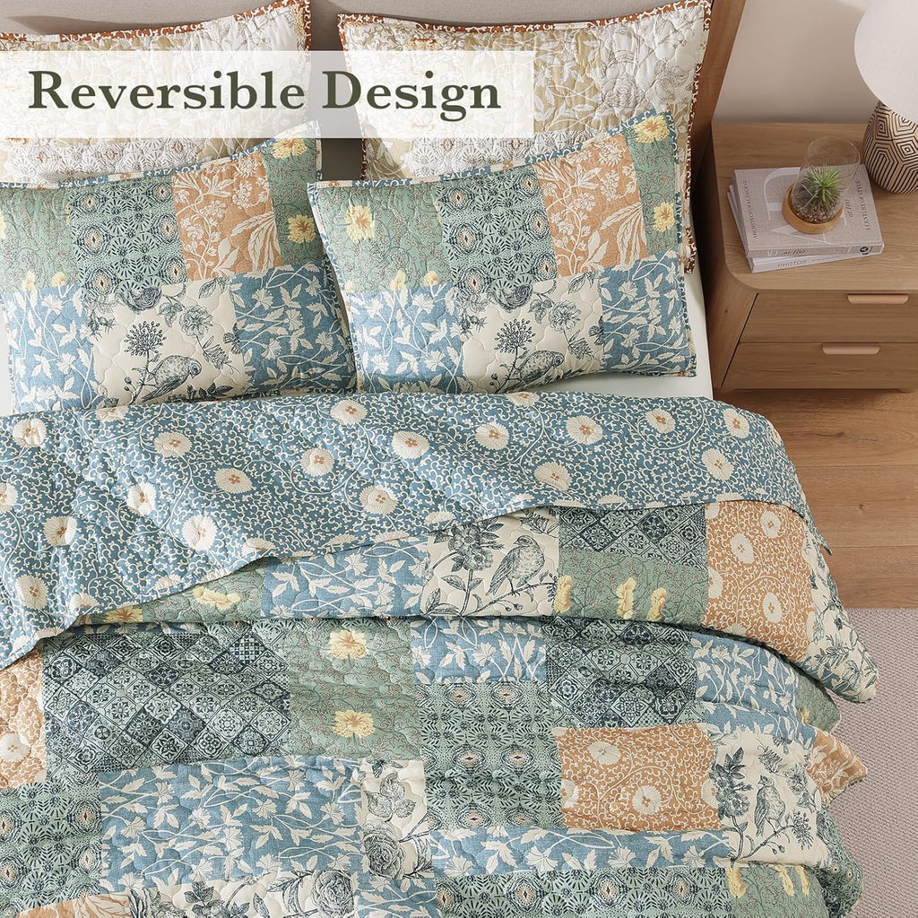Quilt Set - 3 Pieces Patchwork Green Quilt Bedding Set, Lightweight Bedspread Coverlet, Reversible Floral