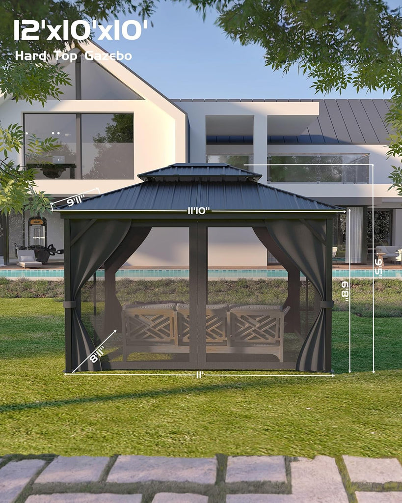 10x12 FT Hardtop Gazebo with Curtains and Netting, Galvanized Steel Double Vented Roof