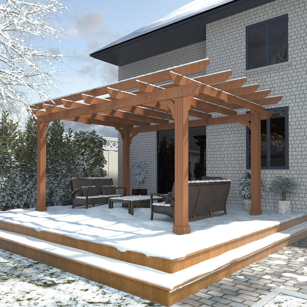 10x12 FT Wooden Pergola, Cedar Wood Gazebo with Flat Roof, Outdoor Garden Shelter with Stakes Included, Patio, Deck, Backyard, Lawn