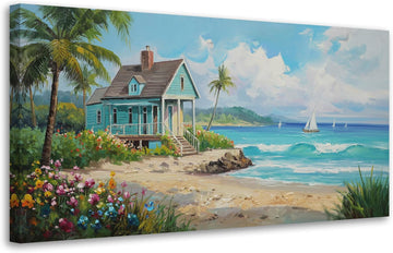 Tropical Coastal Canvas Wall Art Decor | HD Print and Hand-painted Textured, Easy to Hang,Durable Colorfast
