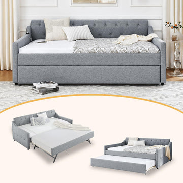 Twin Size Daybed with Pop Up Trundle, Upholstered Daybed with Trundle and USB Charging Ports, Linen Twin Size Sofa