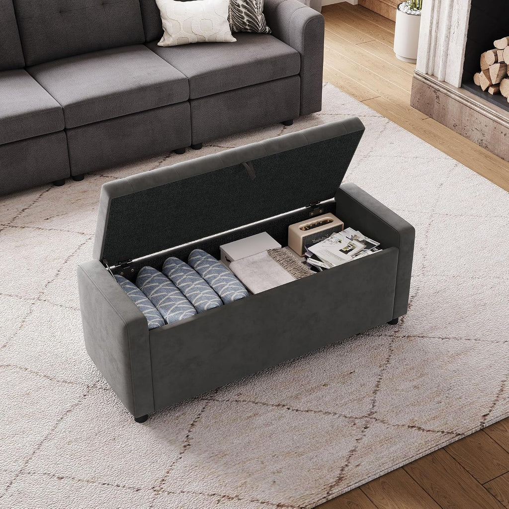 49" Velvet Ottoman with Storage, Upholstered End of Bed Storage Bench, Large Ottoman Foot Rest , Dark Grey