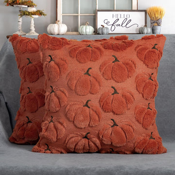 Fall Pumpkins Decorative Pillow Covers 20x20 Set of 2, Dark Rust Red Soft Plush Faux Fur Wool Farmhouse Throw Cushion