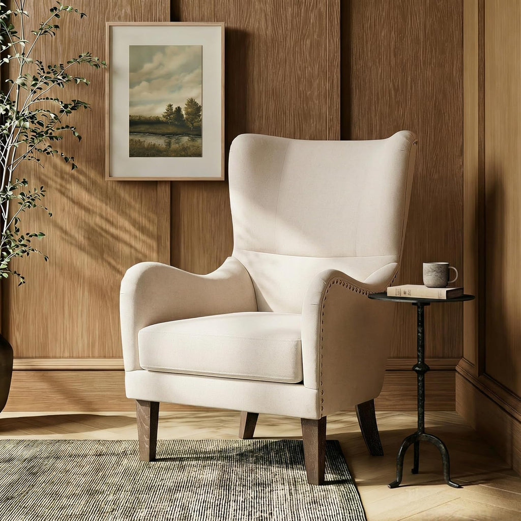 Modern Wingback Accent Chair, Linen Upholstered Armchair with Solid Ash Wood Legs and Nailhead Trim, High Back Living
