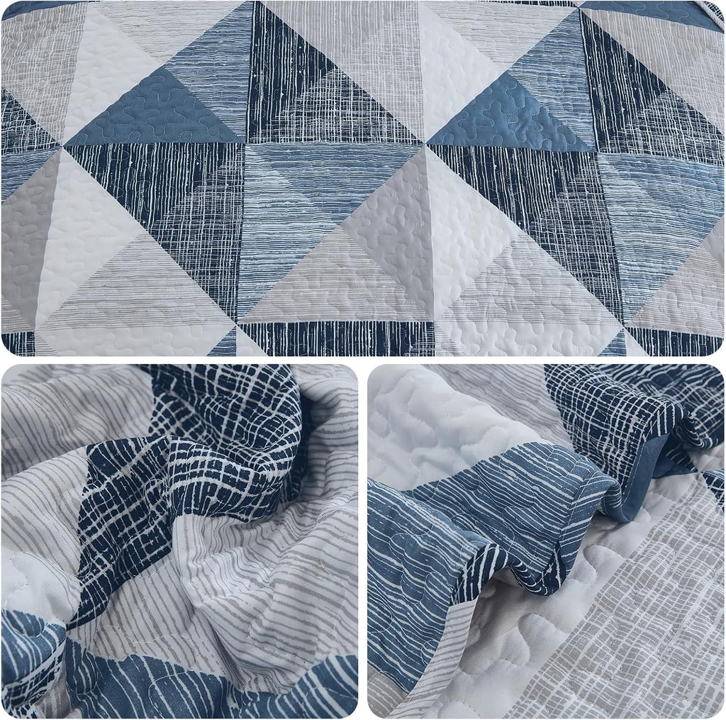 Quilt Queen Blue, 3 Pieces Patchwork Bedspread Bedding for Queen Bed, Soft Lightweight Microfiber Geometric Coverlet