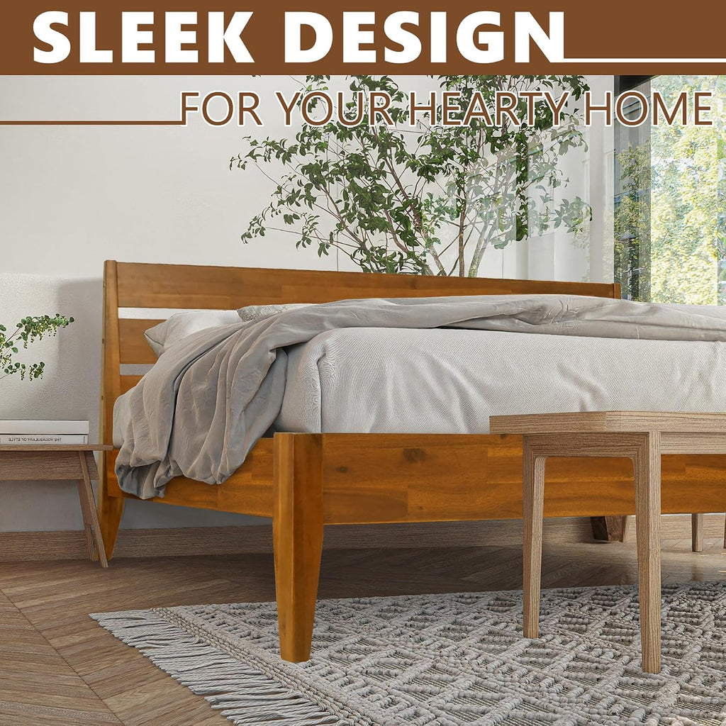 Acacia Emery Bed Frame with Headboard Solid Wood Platform Bed, Queen Bed Frame, Mid - Century Modern Wood Bed