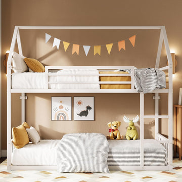 Bunk Bed Twin Over Twin, House Bunk Bed Frame with Ladder and Guardrail