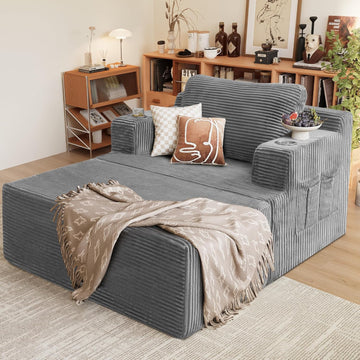 Oversized Chaise Lounge Chair, Cloud Couch with Fluffy Upholstered, Deep Seat Sleeper Sofa Bed with Two Cup Holders