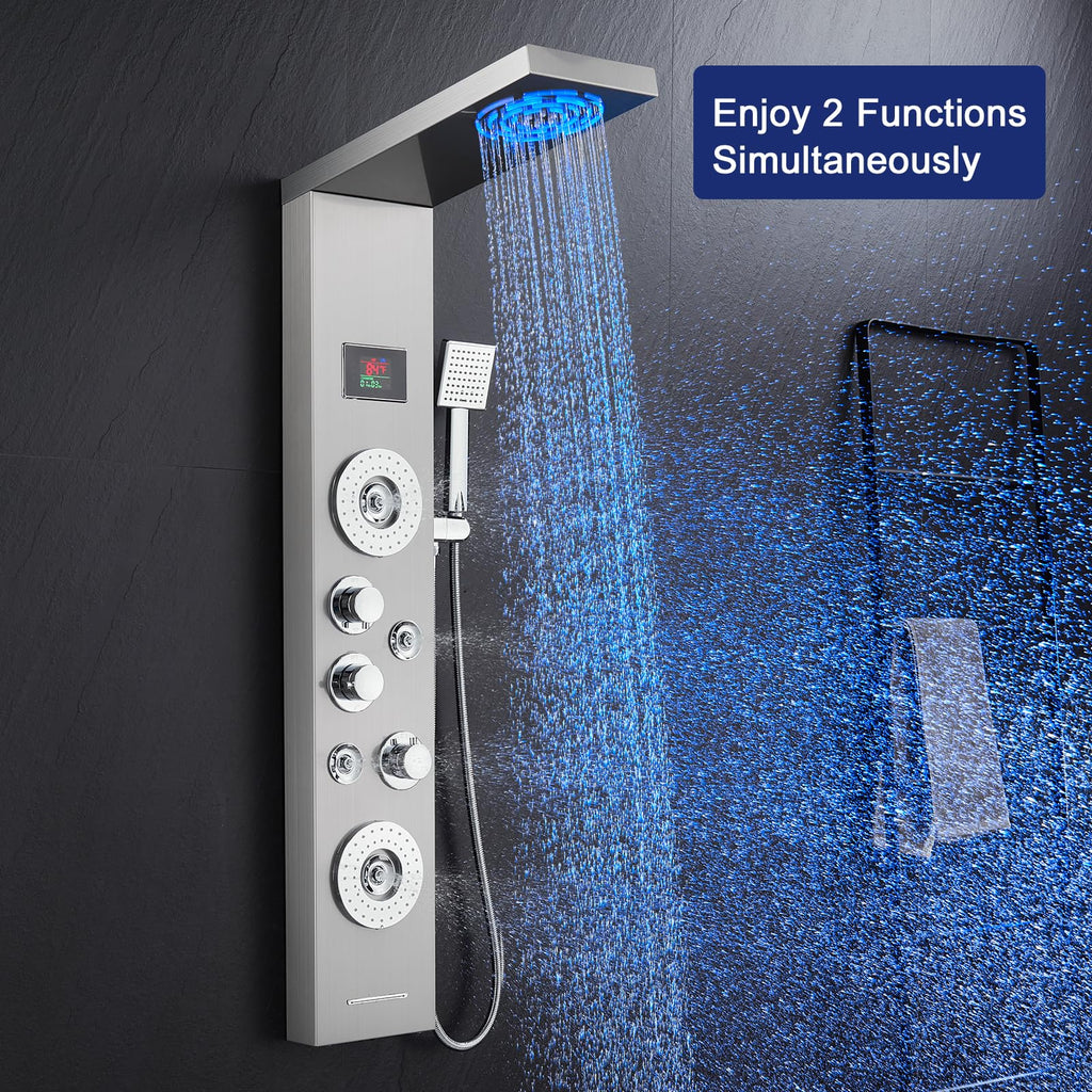 6-in-1 LED Rainfall Mist Shower Panel Tower System, Brushed Finish