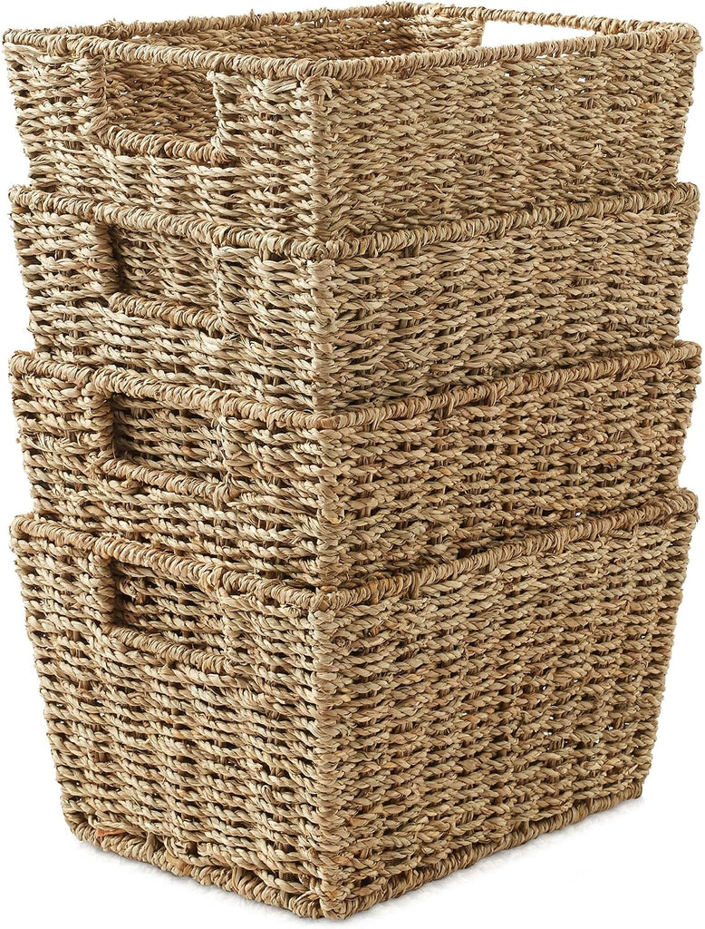 Set of 4 Seagrass Hyacinth Storage Baskets with Handles - Natural, Woven Storage Bins for Shelves, Blankets, Laundry