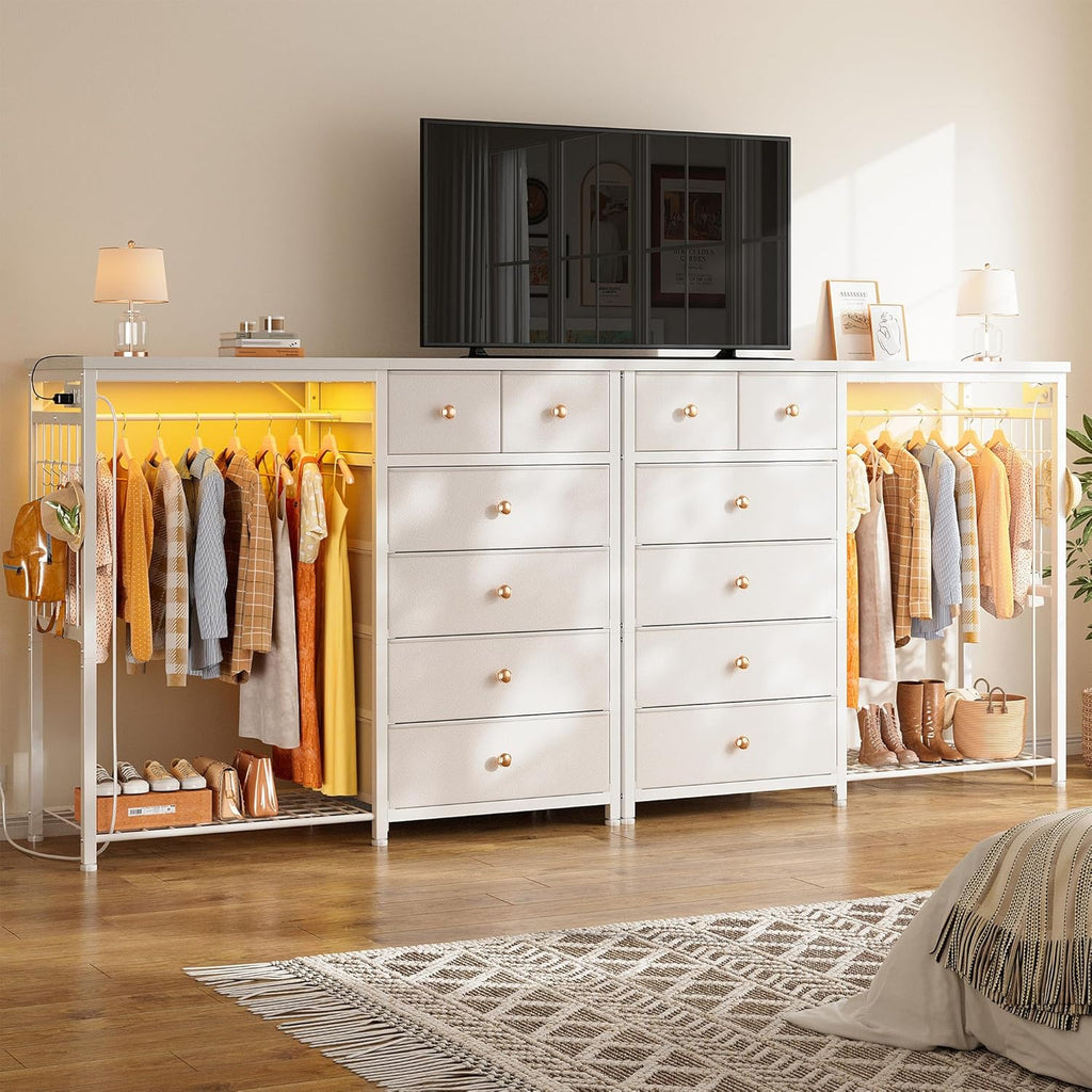 49.2" W Dresser with Hanging Rack & 6 Drawers, Grid Panel & 4 Hooks | Featuring LED Lights and Charging Station