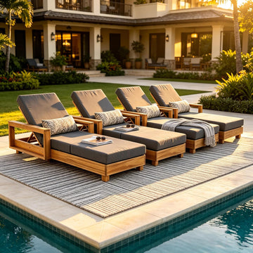 Wood Chaise Lounge with 4 Triple-Fold Cushion, Dark Gray | Outdoor Chaise Lounge, Acacia Wood Patio Recliner With 4