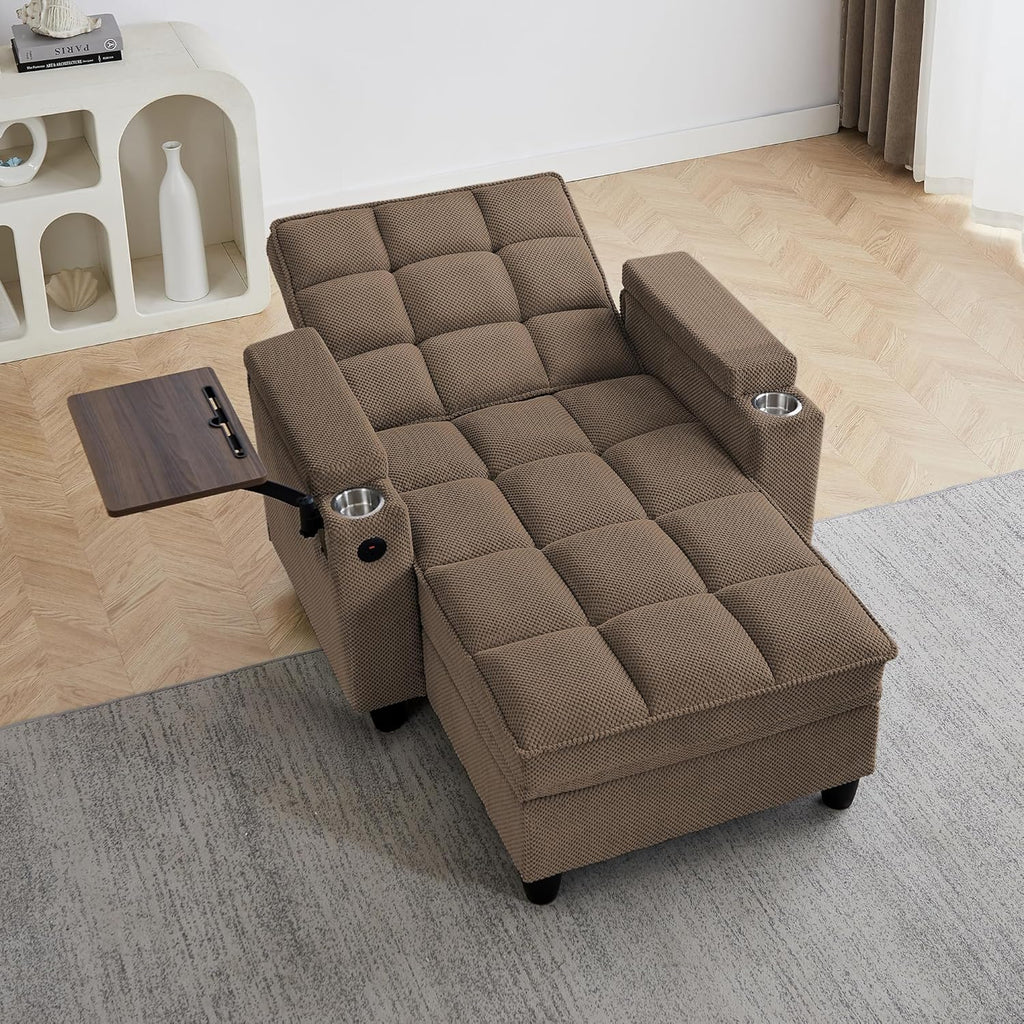 41.7" Chaise Lounge Sleeper Chair Bed, Convertible Recliner Sofa with 6 Level Adjustable Backrest, USB Charging, Cup