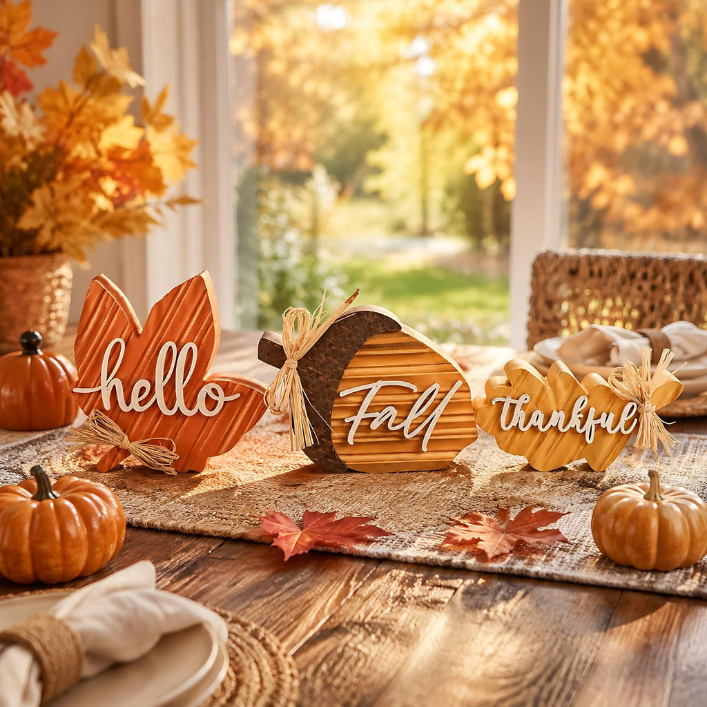 Fall Decorations, Wooden Fall Decor with Maple Leaf Oak Leaf and Acorn Table Decor, Rustic Farmhouse - Set of 3