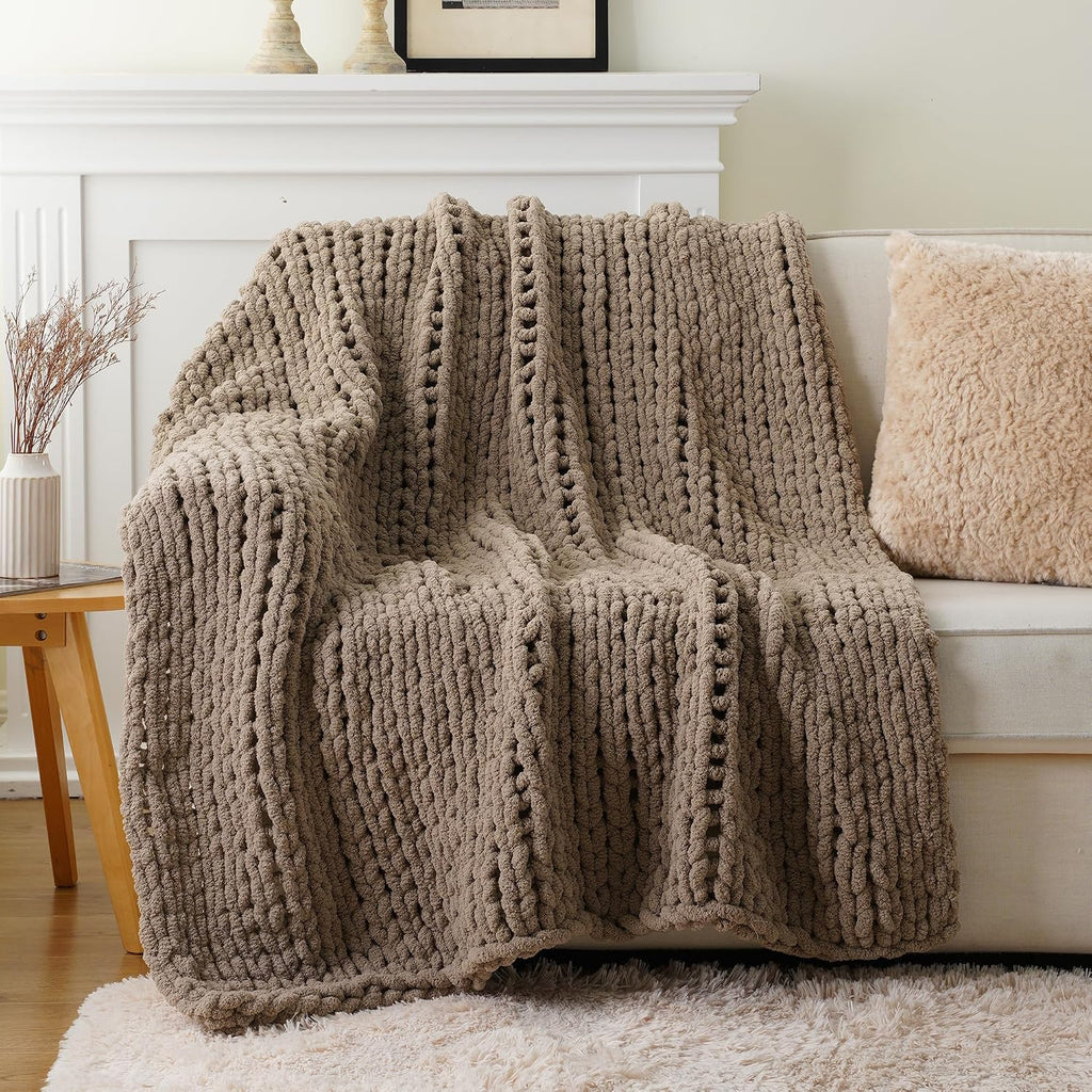Beige Chunky Knit Throw Blanket, Soft and Thick Taupe Chenille Throw Blanket, 50"x60" Handmade Cable Knit Crochet